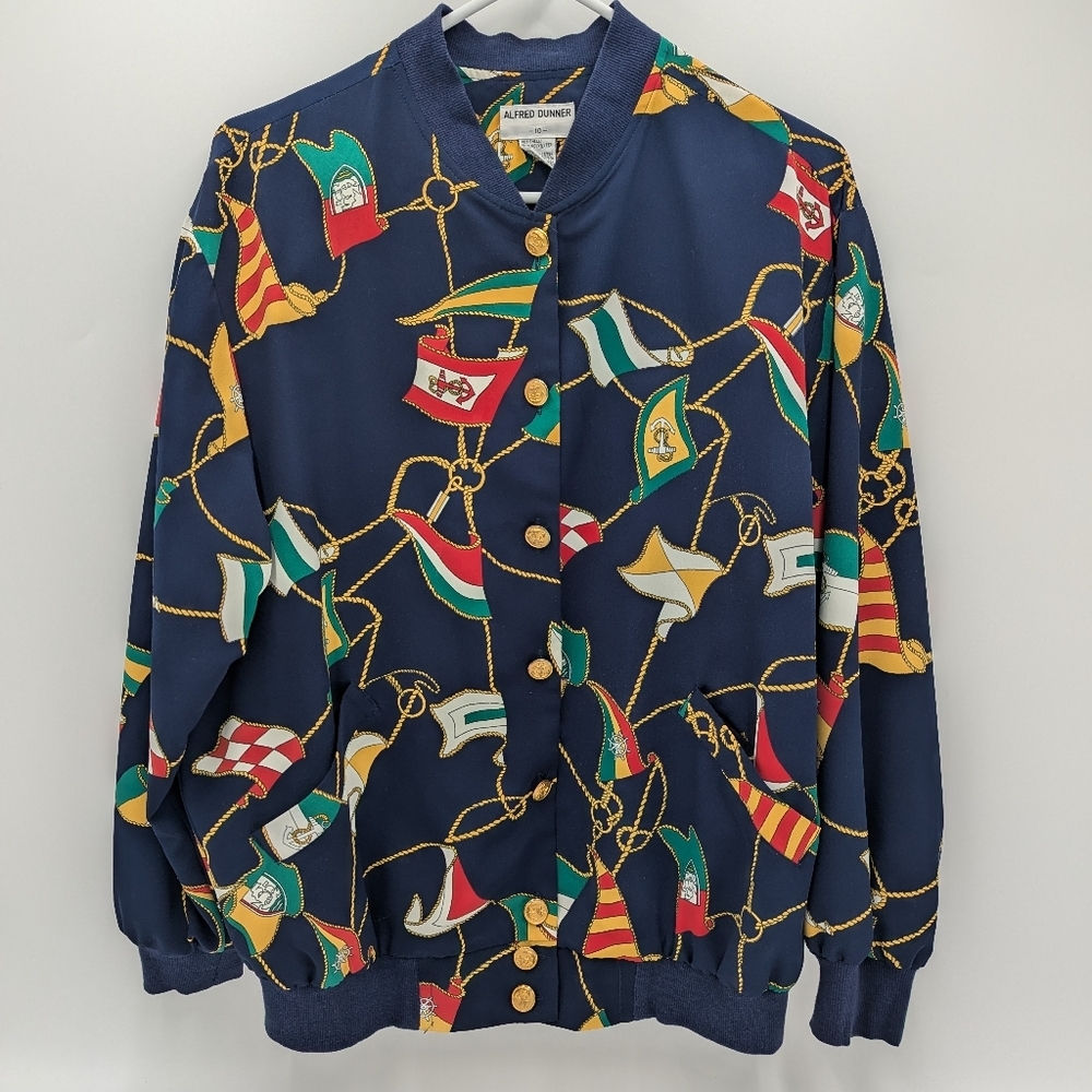VTG Alfred Dunner Nautical Bomber Jacket Flag Chain Print Gold Button 10